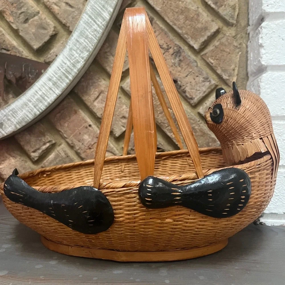 Vtg Shanghai Wicker Rare Panda basket wood and wicker Boho woven rattan Folk Art
